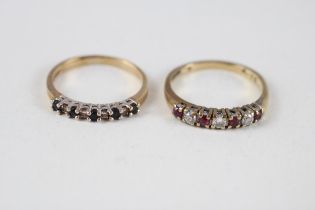 2 x 9ct gold diamond, sapphire & ruby single row band ring (3.3g) Size M + K