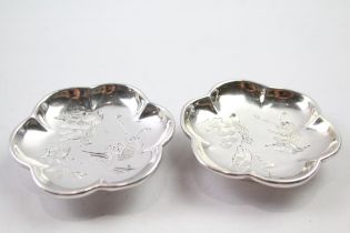2 x Vintage .950 Chinese Silver Bon Bon Dishes w/ Bird, Flower Engraving (65g) // XRF TESTED FOR