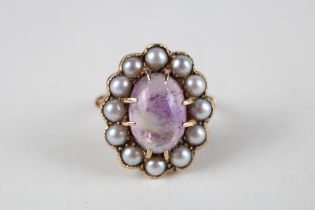 9ct gold amethyst & seed pearl dress ring (6.7g) Size O