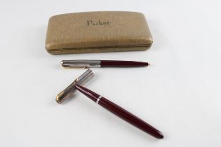 Vintage PARKER 51 Burgundy Fountain Pen w/ Rolled Silver Cap, Ballpoint, Box Etc // Ballpoint is