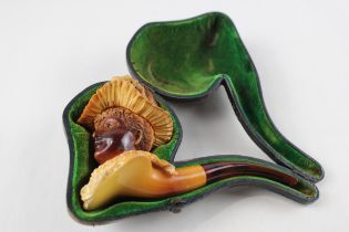 Antique Carved Meerschaum Portrait of Lady Smoking Pipe In Fitted Case // In antique condition Signs