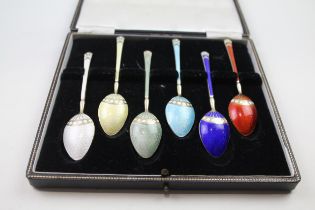 6 x Vintage 1956 Birmingham Sterling Silver Guilloche Enamel Spoons (69g) // w/ Fitted Case