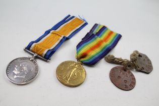 WW1 Medal Pair & Original Ribbons & I.D. Tag // Named - 44805 PTE. T. Steel. York & Lancs Regt In