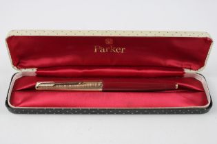 Vintage PARKER 61 Red Fountain Pen w/ 14 Gold Nib, Gold Plate Cap WRITING Boxed // Dip Tested &