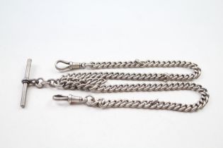 Silver antique watch chain with T-bar & dog clips (47g)