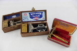 3 x 1950s Boxed Safety Razors Inc Gillette Popular #4 & Wilkinson Sword Empire // Items are in