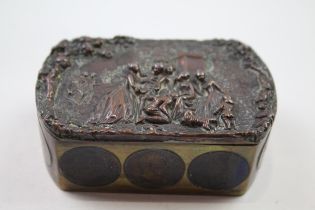 Antique / Vintage Brass Snuff / Trinket Box w/ Dance Scene, Coin Detail (166g) // Diameter - 9cm