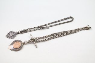 Two silver antique watch chains with fobs (64g)