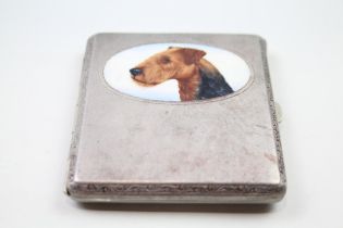 Antique / Vintage Base-Metal Novelty Cigarette Case w/ Enamel Dog Detail // Dimensions - 8.2cm(w)