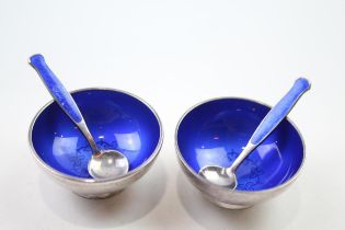 2 x Vintage .925 Sterling Silver Denmark MFKA Enamel Dishes w/ Spoons (58g) // Diameter - 5cm In