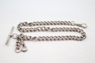 Silver antique watch chain with T-bar & dog clips (40g)