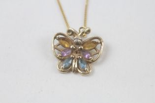 9ct gold diamond & multi-gemstone butterfly pendant & chain (2.1g)