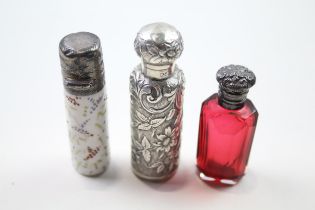 3 x Antique / Vintage .925 Sterling Silver Ladies Scent / Perfume Bottles (117g) // Inc Cut Glass,