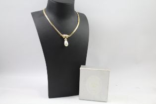 Gold tone faux pearl necklace by designer Christian Dior in original box (29g)