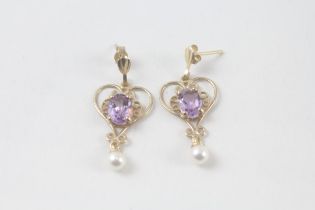 9ct gold amethyst & cultured pearl drop earrings (1.6g)
