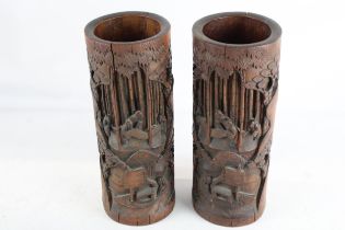 2 x Antique / Vintage Chinese Bamboo Brush Pots, Calligraphy, Carved Wood // Height ~27cm In vintage