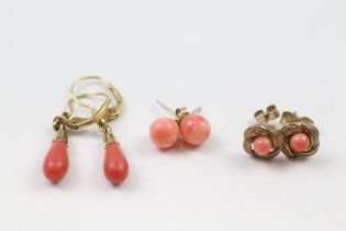 3x 9ct gold coral earrings (4.4g)