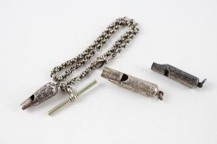 3 x Antique Ladies Chatelaine Whistles Inc .925 Sterling, .900, Silver Plate Etc // In antique