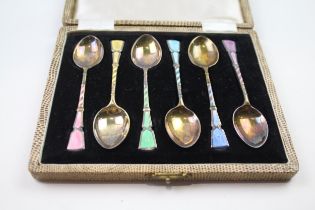 6 x Vintage 1957 Birmingham Sterling Silver Guilloche Enamel Spoons Cased (63g) // Maker -