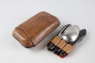 WW1 Folding Campaign Cutlery Set w/ Knife Fork Spoon & Corkscrew Leather Case // WW1 Folding