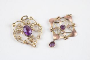 2 x 9ct gold antique pendants set with amethyst, paste & seed pearl (3.6g)