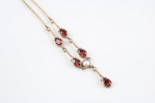 9ct gold garnet & cultured pearl drop necklace (6.8g)