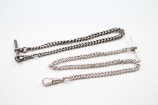 Two silver watch chains with Tbars and dog clips (54g)