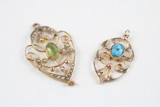 2 x 9ct gold antique pendants set with peridot, turquoise & seed pearl (3.3g)