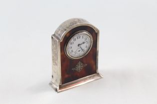 STERLING SILVER & Shell Cased Antique Boudoir / Desk Clock Key-wind WORKING // STERLING SILVER &