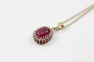 9ct gold synthetic ruby & diamond pendant & chain (1.9g)