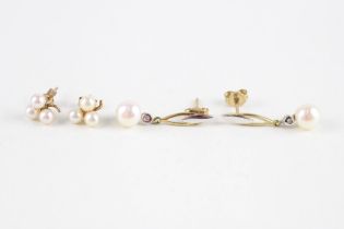 2 x 9ct gold diamond & cultured pearl drop earrings (2.4g)