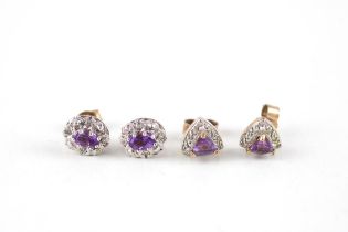 2x 9ct gold amethyst & diamond cluster earrings (2.8g)