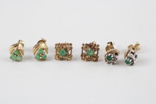 3x 9ct gold emerald & diamond stud earrings (3.8g)