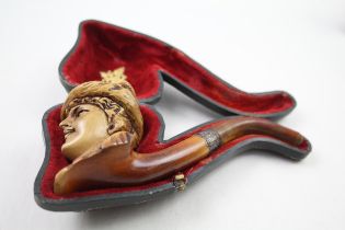 Antique Late Victorian Carved Meerschaum Smoking Pipe In the Form of a Lady 62g // w/ Hallmarked