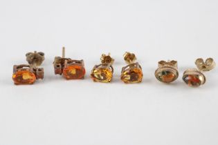3x 9ct gold citrine & agate stud earrings (3.2g)