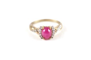 9ct gold red gemstone & diamond ring (2.4g) Size N 1/2