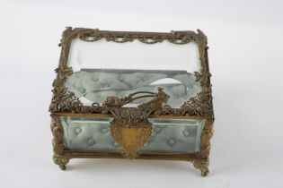 Antique French Gilt Brass Jewellery Casket w/ Bevelled Glass & Tufted Cushioning // Dimensions -