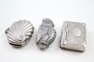 3 x Antique / Vintage Novelty Base-Metal Vesta / Match Cases Inc Owl, Shell Etc // In antique /