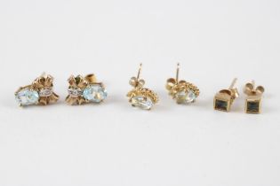 3x 9ct gold blue topaz, blue gemstone & diamond earrings (3.2g)