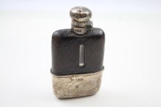 Antique Edwardian 1909 Birmingham Sterling Silver & Leather Hip Flask (193g) // Maker -