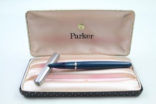 Vintage PARKER 51 Teal Fountain Pen w/ 14ct Gold Nib, Brushed Steel Cap Boxed // Dip Tested &