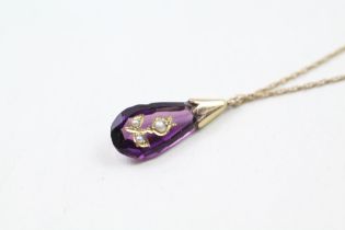 9ct gold amethyst & seed pearl floral pendant & chain (2.2g)