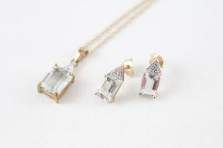9ct gold diamond & prasiolite pendant necklace & stud earrings set (3.7g)