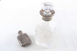 2 x Antique Vintage .925 Sterling Silver Small Hip Flask & Banded Decanter 365g // Height of