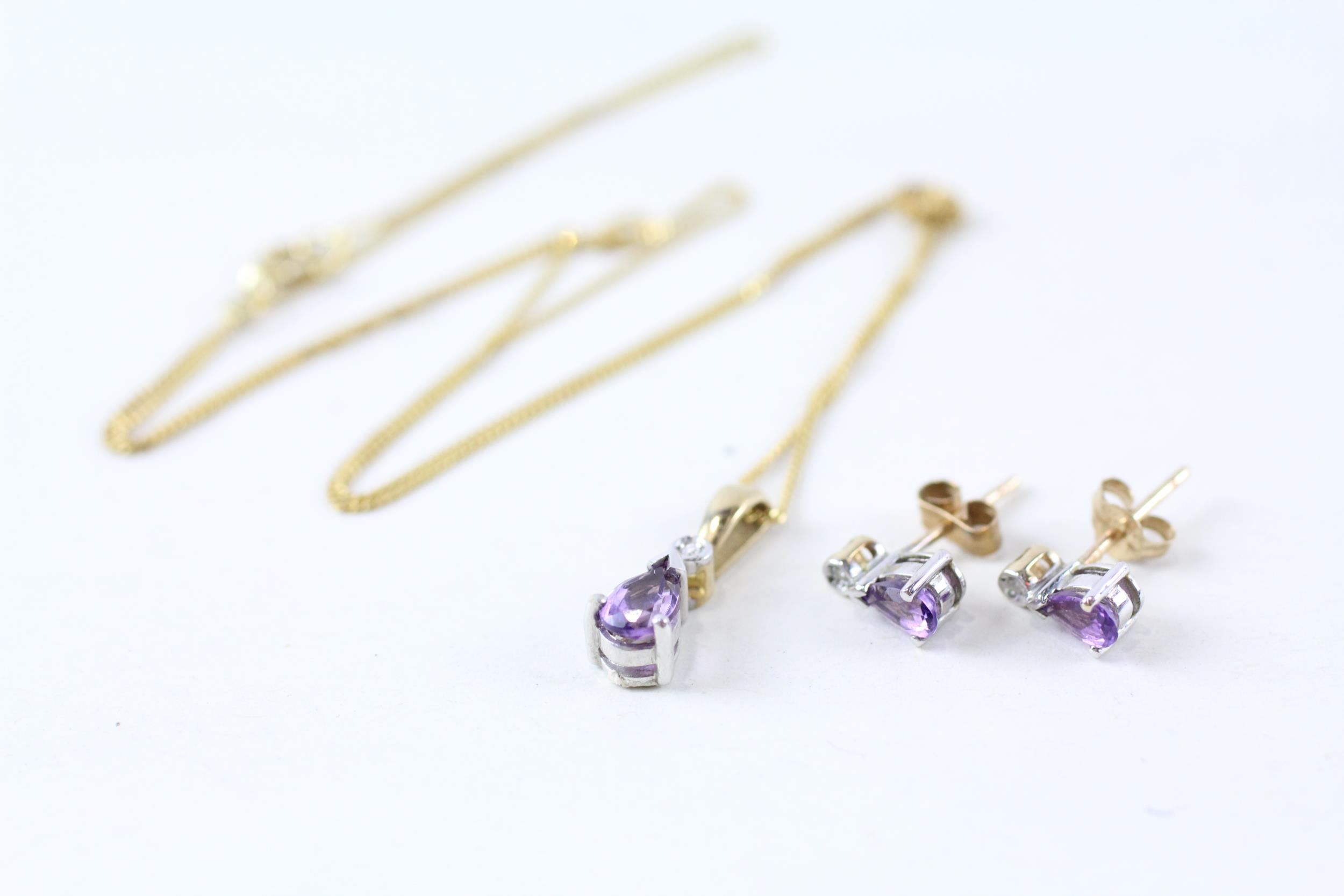 2x 9ct gold amethyst & diamond necklace & earrings set (2.3g)