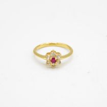 Unmarked tests as 18ct gold diamond and ruby ring size N1/2 1.7g