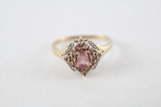 9ct gold diamond & pink gemstone cluster ring (3g) Size R