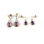 2x 9ct gold amethyst & diamond drop earrings (3g)