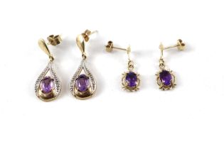 2x 9ct gold amethyst & diamond drop earrings (3g)