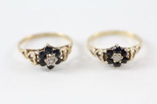 2x 9ct gold sapphire, opal & diamond cluster rings (2.9g) Size M + M